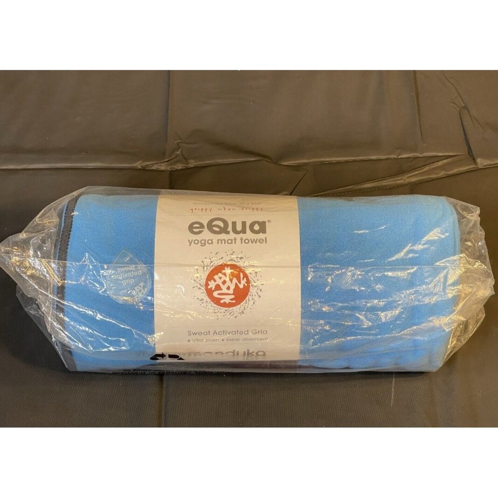 NIB Manduka eQua Yoga Mat Towel, Sweat Activated Grip, Blue  72" x 26.5"